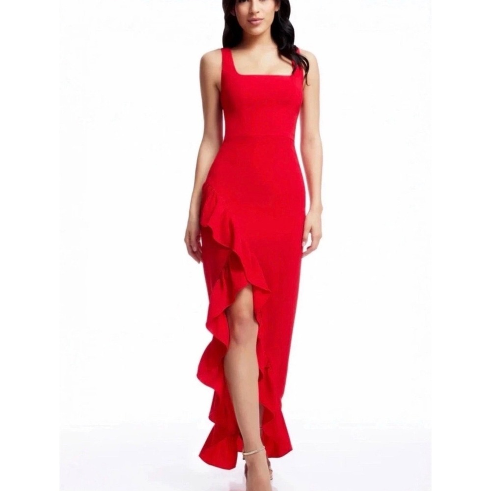 Dress The Population Charlene Ruffle Crepe Maxi Dress in Rouge Red
